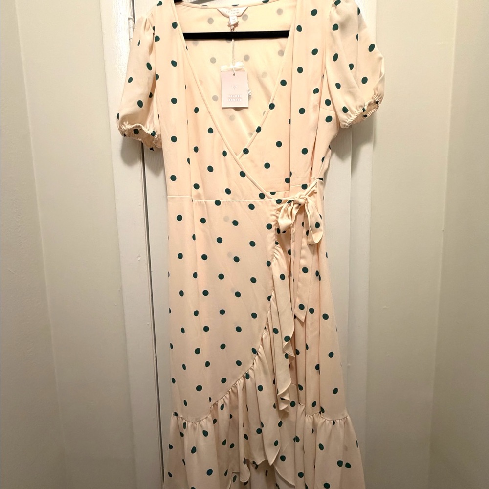 LC Lauren Conrad Cream and Green Polka Dot Midi Dress